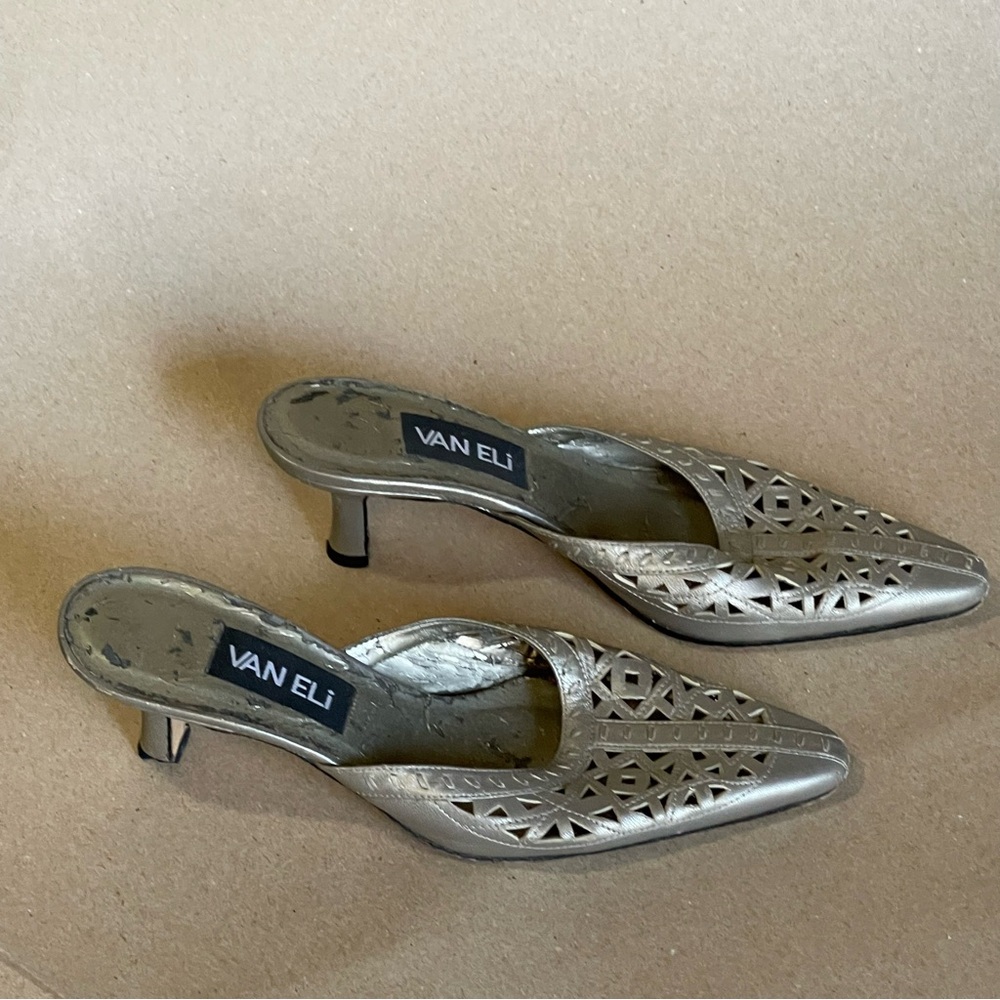 Van Eli Metallic Silver Laser-Cut Pointed-Toe Kitten Heel Mules